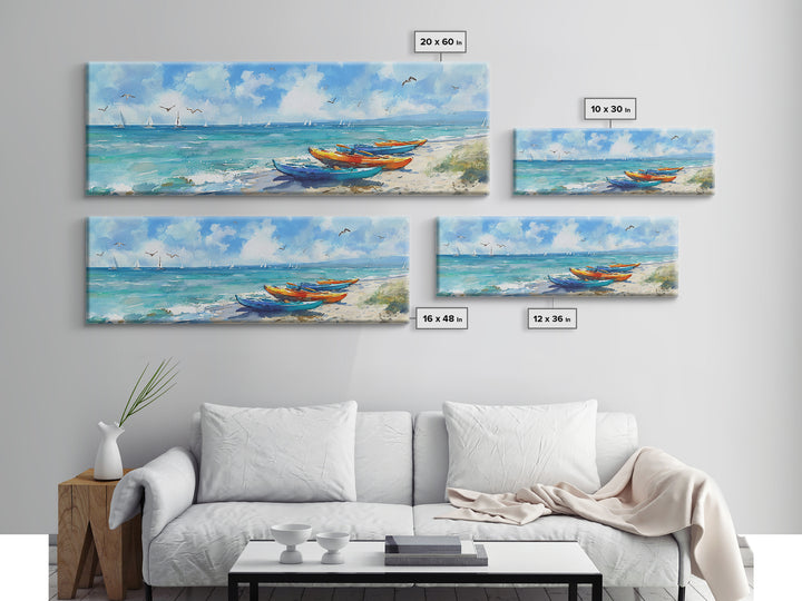 Vibrant Colorful Kayaks On Serene Beach Ocean Scene Beach Wall Art Watercolor Canvas Print