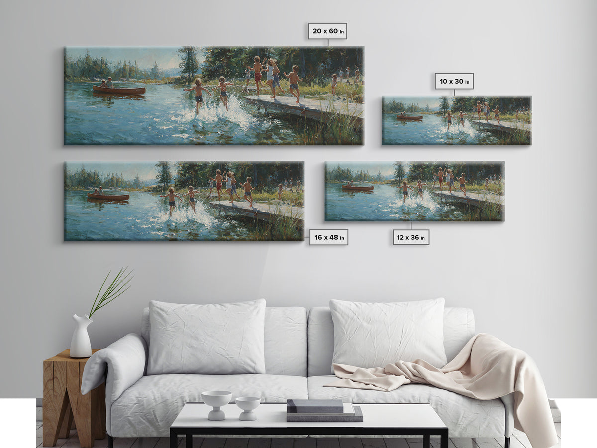 Oil Painting Of Children Playing Near Dock By Lake At Sunset Colorful Nature Wall Art Canvas Print