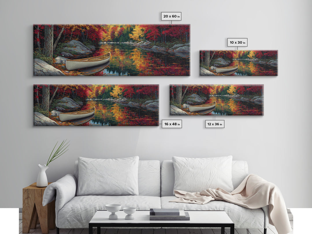Peaceful Autumn River Scene With Canoe In Fall Colors Landscape Painting Framed Canvas Print Tranquil Nature Wall Art Gift