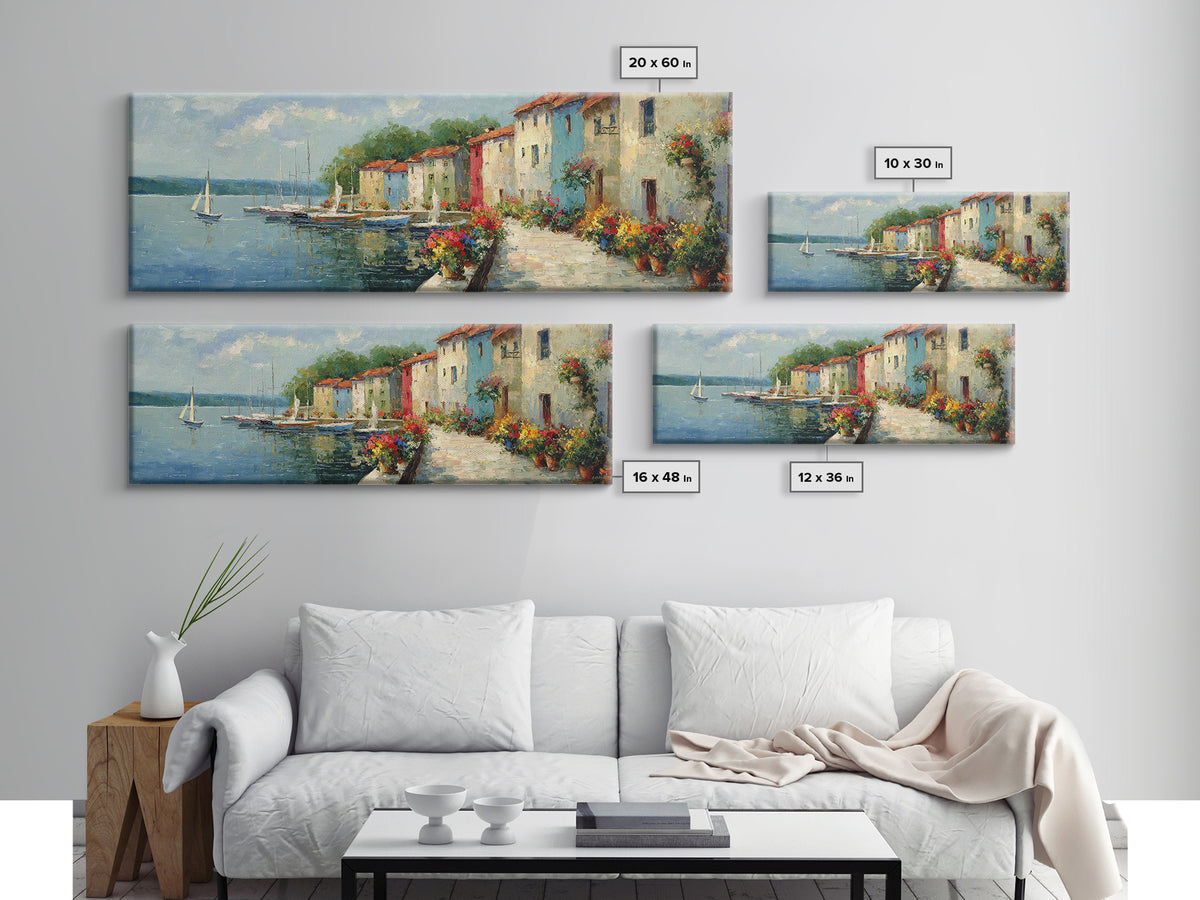 Classic Mediterranean Coastal Village With Colorful Buildings And Boats Oil Painting Canvas Print For Rustic Wall Art