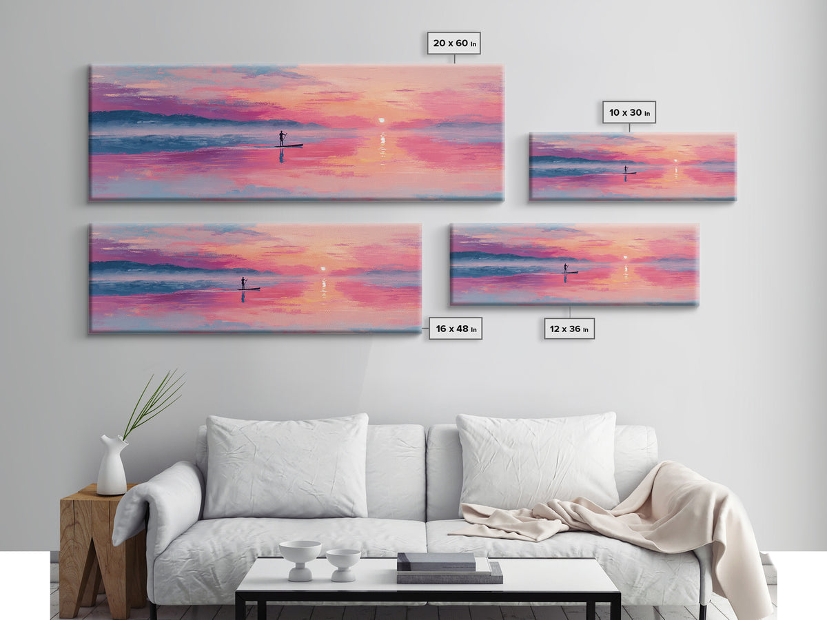 Serene Paddleboarder At Sunset With Pink Purple Sky Wall Art Canvas Print For Coastal Home Decor