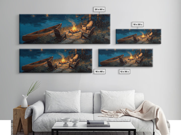 Tranquil Lakeside Campfire Scene With Chairs And Canoe Wall Art Canvas Print For Cozy Home Decor Rustic Bedroom Gift Ideas