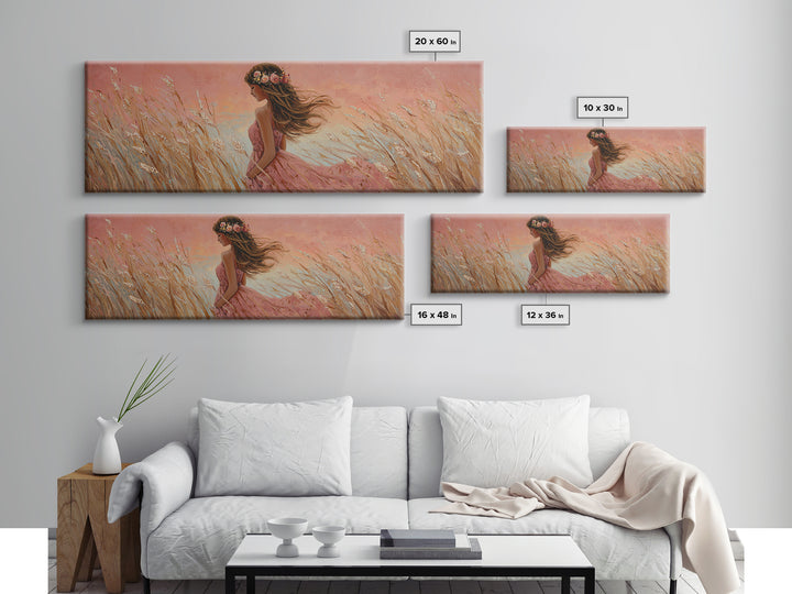 Boho Girl In Pink Dress Through Golden Wheat Field Canvas Print, Feminine Wall Art, Romantic Bedroom Decor, Housewarming Gift For Her