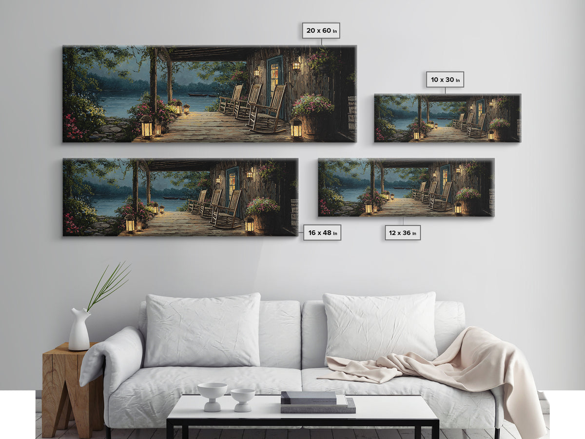Cozy Lakeside Porch At Twilight Featuring Rocking Chairs And Lanterns Wall Art Perfect For Rustic Home Decor And Living Room
