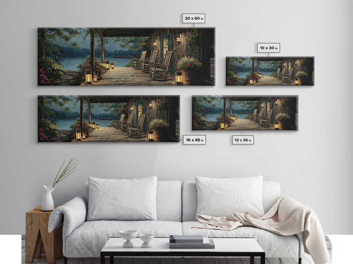 Cozy Lakeside Porch At Twilight Featuring Rocking Chairs And Lanterns Wall Art Perfect For Rustic Home Decor And Living Room