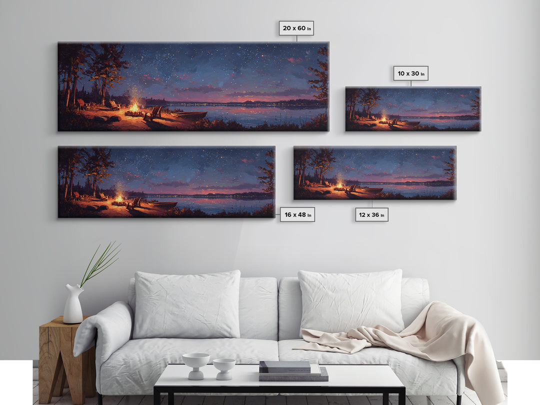 Serene Lakeside Campfire Under Starry Night Sky Wall Art Framed Canvas Print Cozy Outdoor Home Decor