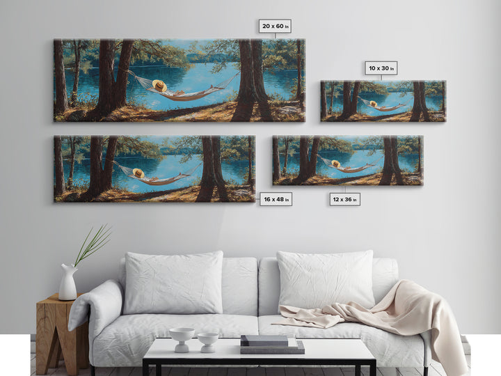 Peaceful Lake Scene With Person Reading In Hammock Among Trees Wall Art Framed Canvas Print For Relaxing Home Decor
