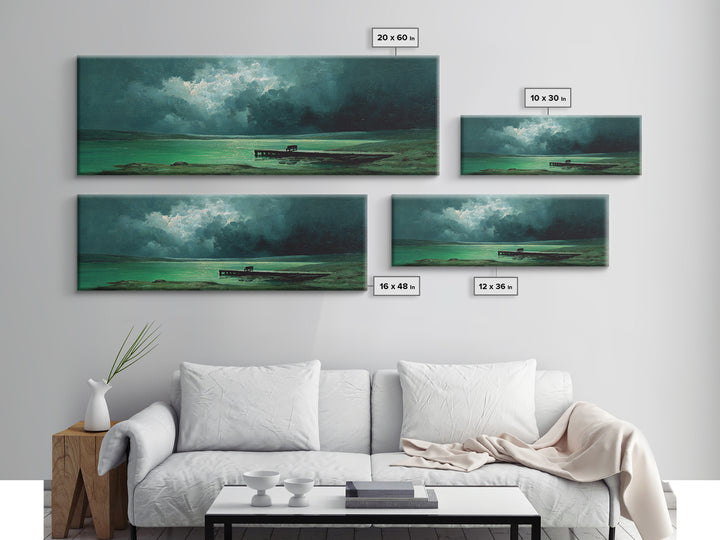 Moody Green Lakeside Dock Morning Mist Oil Landscape Painting Wall Art Canvas Print For Forest And Nature Home Decor