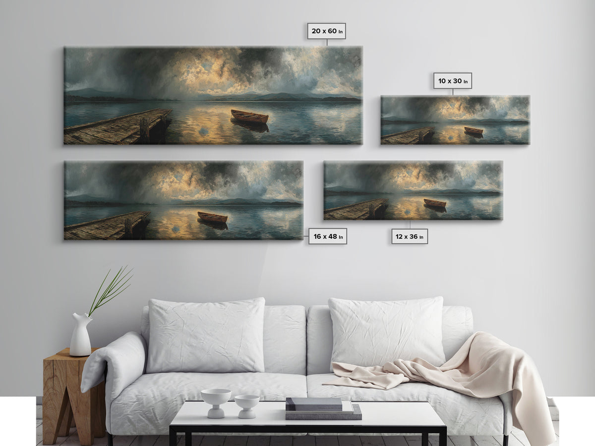 Misty Lake With Old Rowboat Wooden Dock Peaceful Landscape Print - Canvas Print, Nature Wall Art, Rustic Home Decor, Living Room Art, Gift