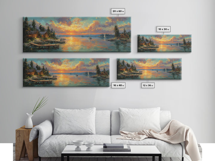 Vibrant Sunset Harbor Scene With Sailing Boats And Illuminated Dock Landscape Wall Art For Living Room And Coastal Home Decor Canvas Print