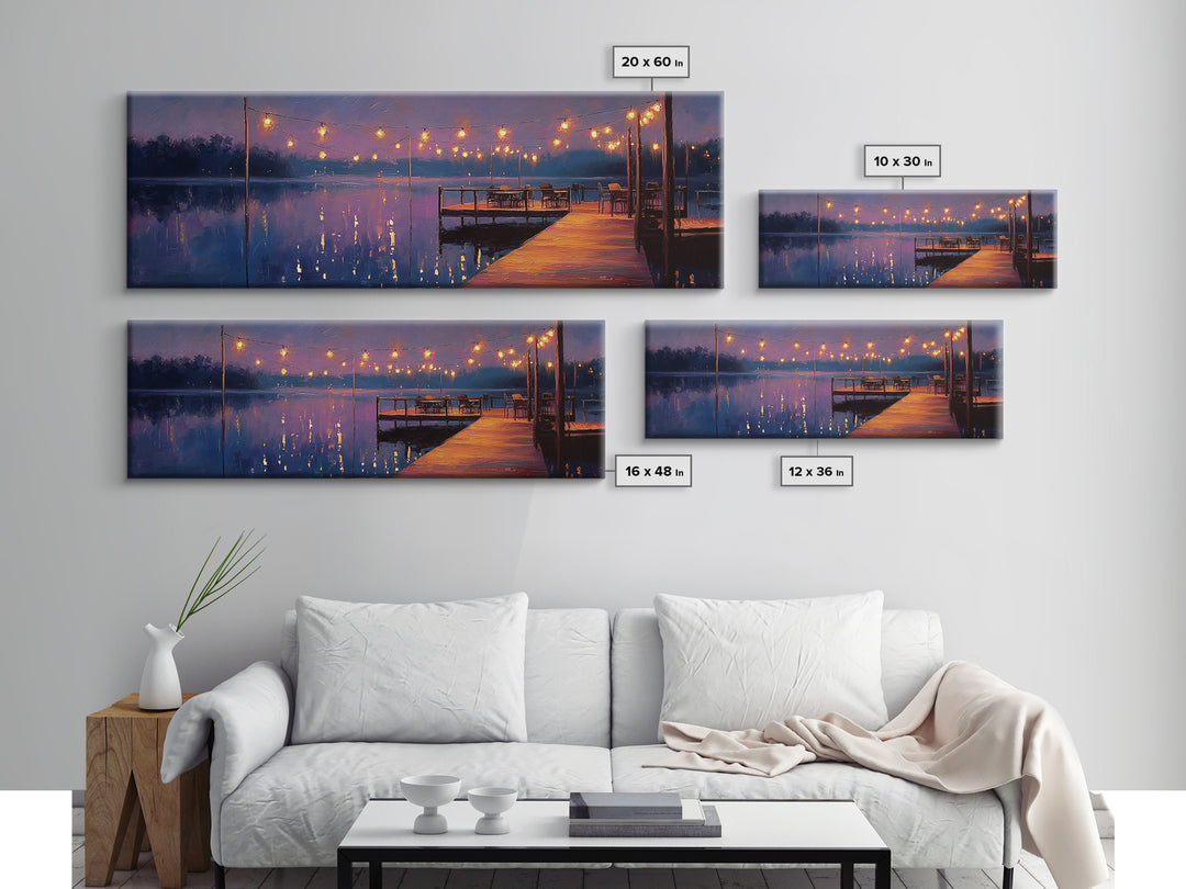 Cozy Lakeside Evening With Warm Lights Over Water - Serene Landscape Wall Art Framed Canvas Print For Relaxing Home Decor