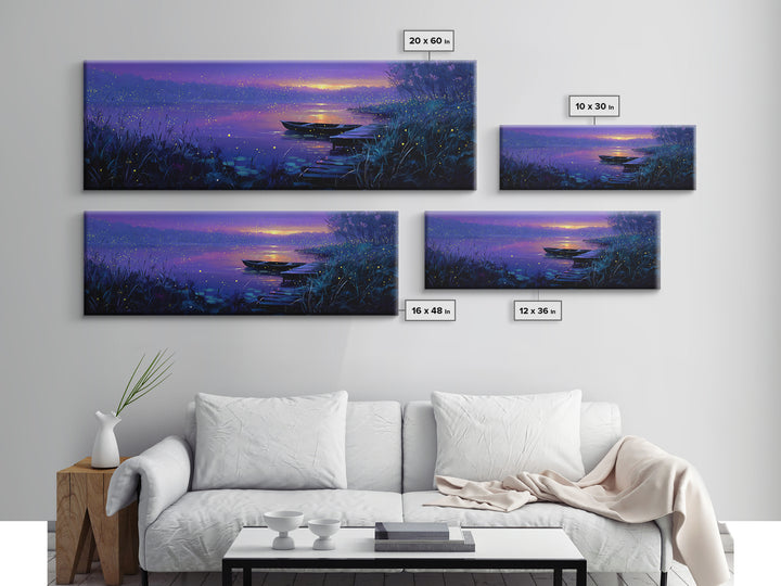 Serene Nighttime Lake Scene With Boat And Fireflies Peaceful Landscape Wall Art Canvas Print