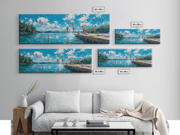 Energetic Summer Kids Jumping Into Lake Water From Dock Painting Vibrant Outdoor Scene Wall Art Framed Canvas Print For Playful Decor