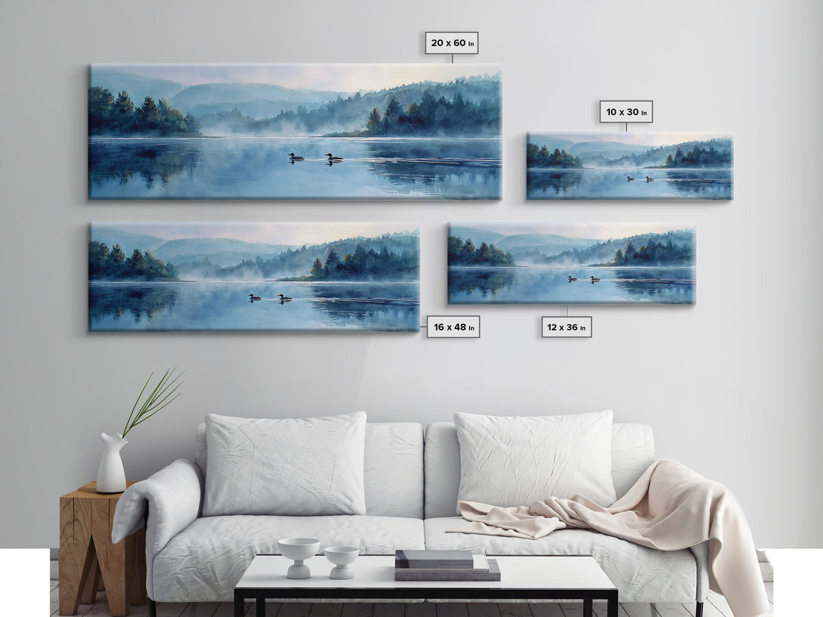 Mystical Lakeside Scene With Two Loons Swimming Among Misty Trees Watercolor Painting Canvas Print For Nature Wall Art