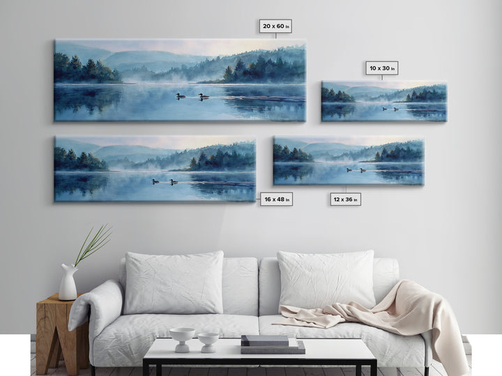 Mystical Lakeside Scene With Two Loons Swimming Among Misty Trees Watercolor Painting Canvas Print For Nature Wall Art