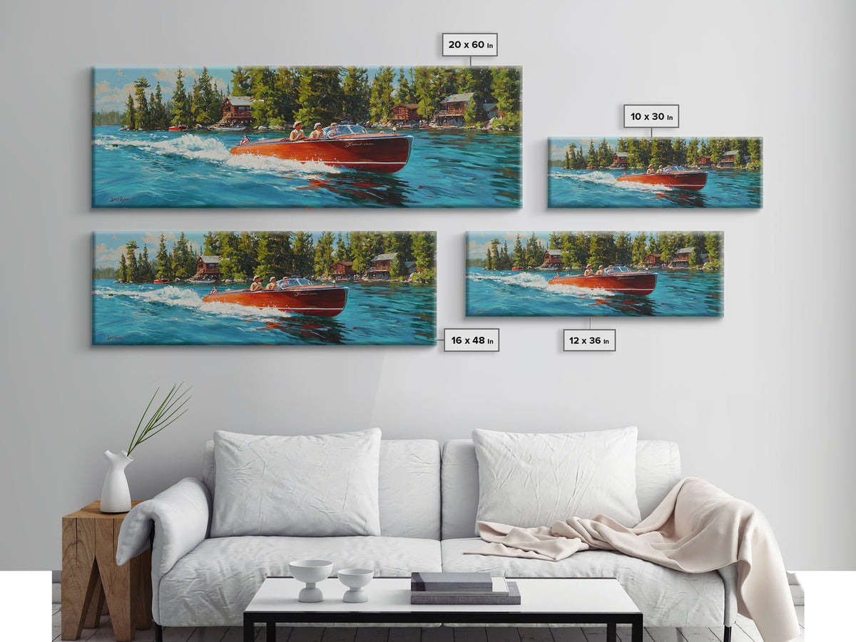 Classic Speedboat On Lake Painting With Bright Red Wood Vessel And Scenic Nature Watercraft Wall Art Print