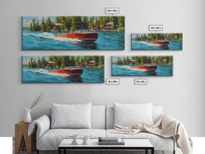 Classic Speedboat On Lake Painting With Bright Red Wood Vessel And Scenic Nature Watercraft Wall Art Print