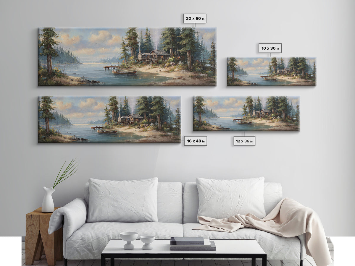 Rustic Cabin By The Lake Painting In A Serene Forest Landscape Wall Art Framed Canvas Print Nature Home Decor