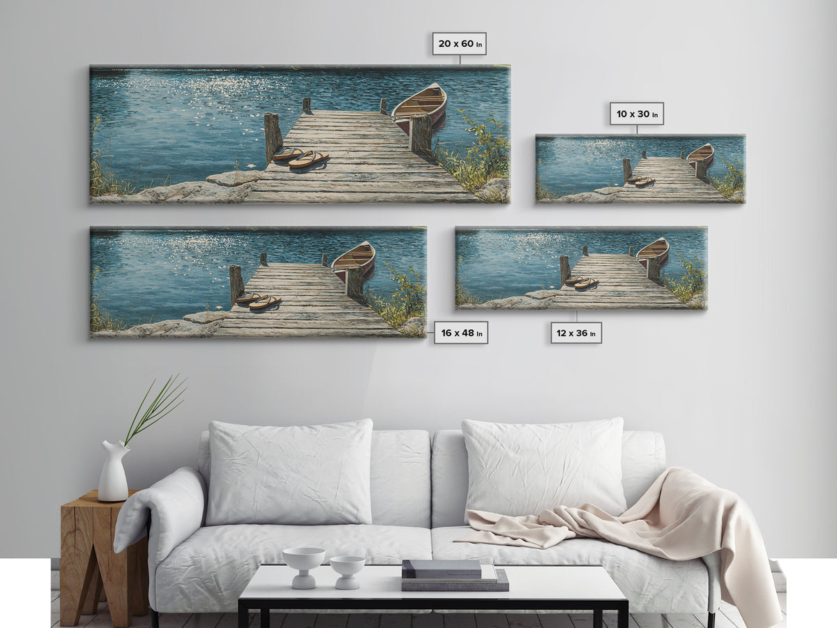 Rustic Lakeside Dock With Flip Flops Oil Painting Wall Art Framed Canvas Print Featuring Serene Water Scene And Cozy Summer Vibes