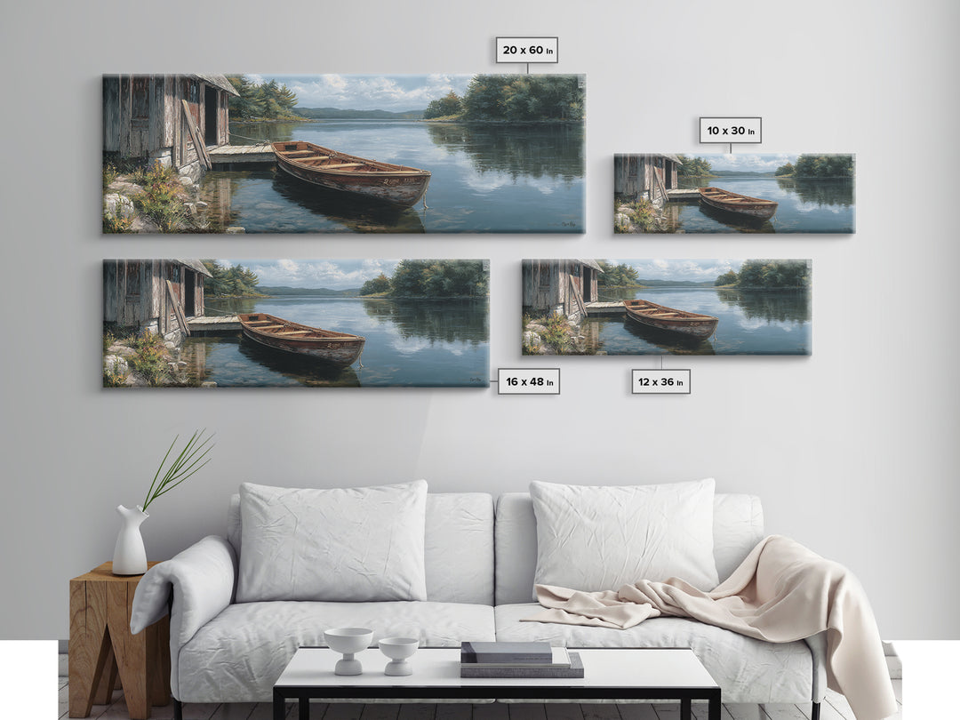 Tranquil Lakeside Rowboat Calm Water Reflection Painting - Serene Nature Wall Art Framed Canvas Print For Rustic Home Decor