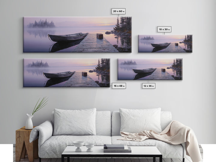 Peaceful Lake At Sunrise With Boat Scenic Landscape Painting Canvas Print For Rustic Home Decor And Large Wall Art