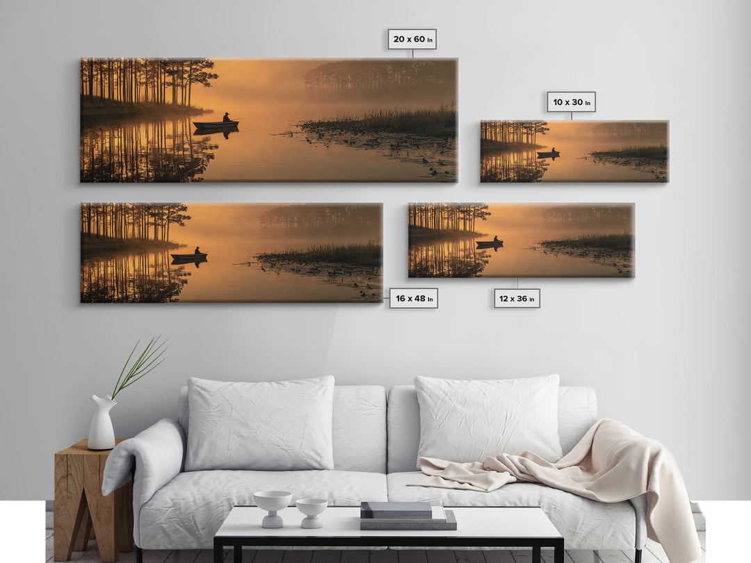 Peaceful Fisherman On Misty Lake At Sunrise Nature Wall Art Canvas Print For Tranquil Living Room Decor