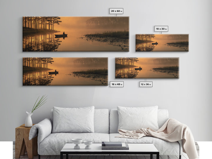 Peaceful Fisherman On Misty Lake At Sunrise Nature Wall Art Canvas Print For Tranquil Living Room Decor