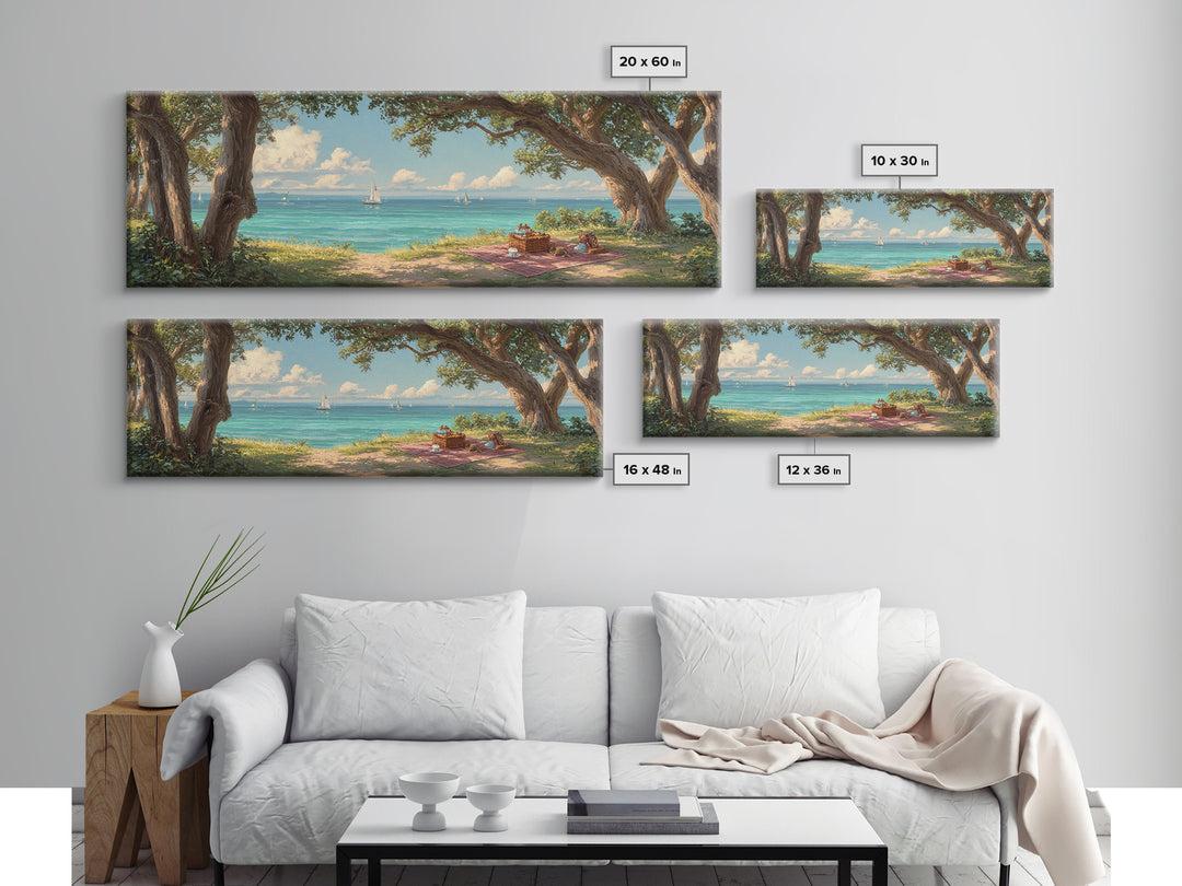 Coastal Picnic Scene With Tranquil Blue Ocean And Sailboats Under Trees - Serene Wall Art Framed Canvas Print For Home Decor