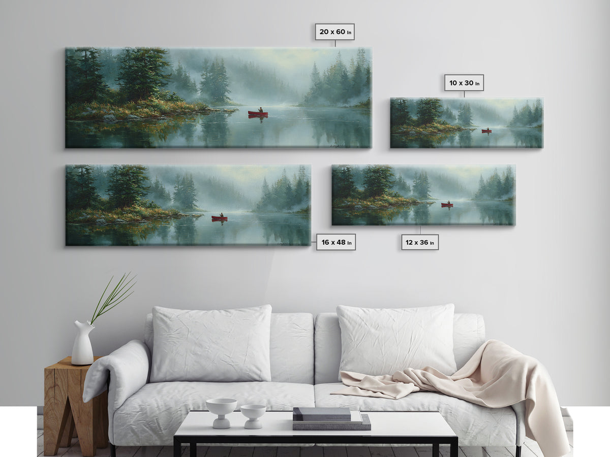 Peaceful Canoeist On Misty River Reflecting Mountain Landscape Wall Art Fine Art Canvas Print For Living Room