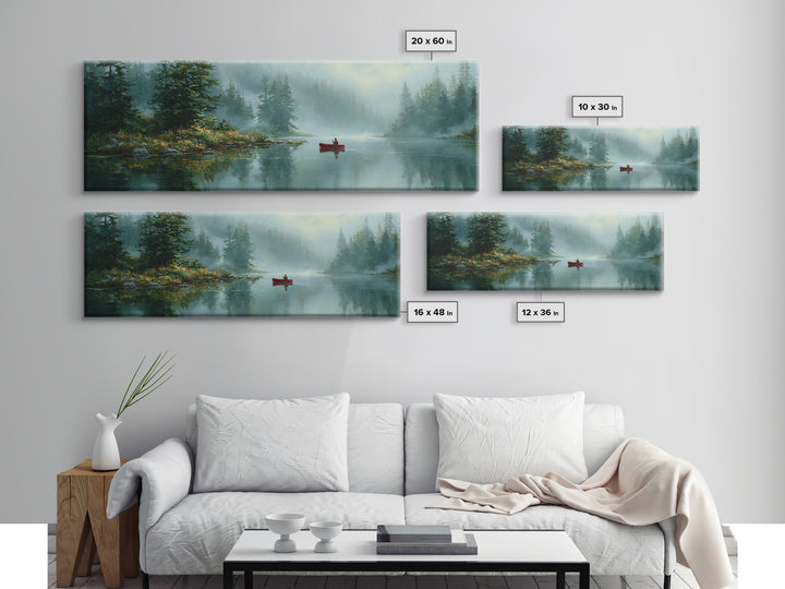 Peaceful Canoeist On Misty River Reflecting Mountain Landscape Wall Art Fine Art Canvas Print For Living Room