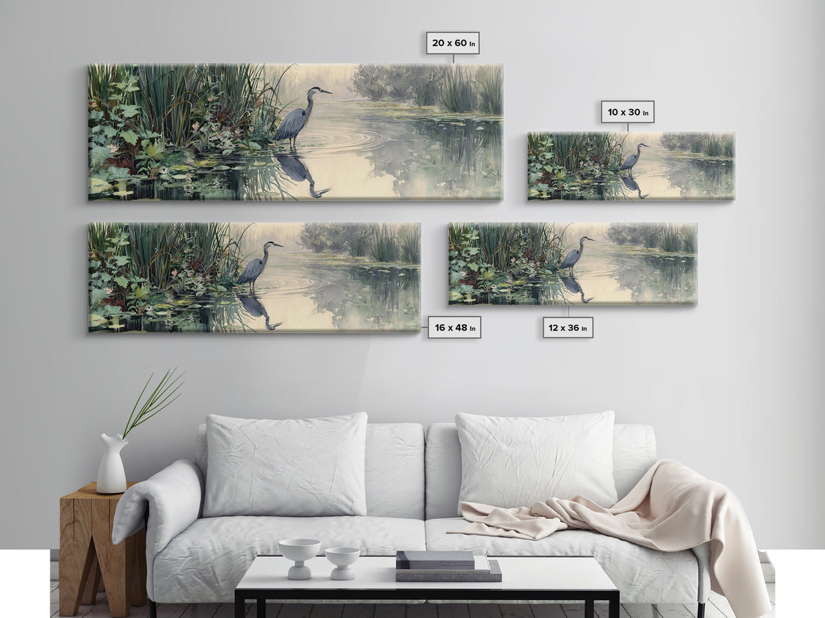 Serene Watercolor Painting Of Heron Standing In Misty Wetlands Surrounded By Lush Vegetation Wall Art