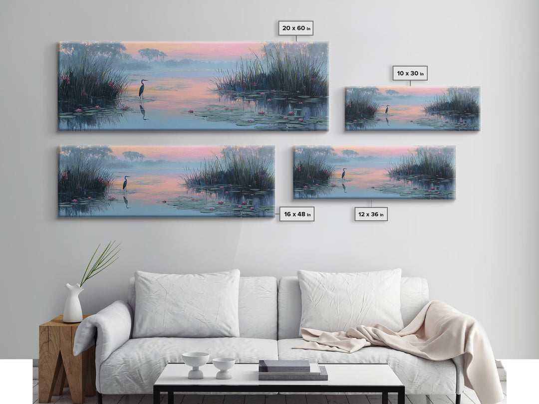 Tranquil Wetland Scene With Heron Standing Among Lilies At Sunrise Wall Art Canvas Print For Bedroom Decor