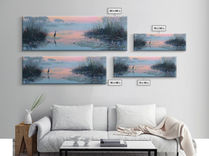 Tranquil Wetland Scene With Heron Standing Among Lilies At Sunrise Wall Art Canvas Print For Bedroom Decor