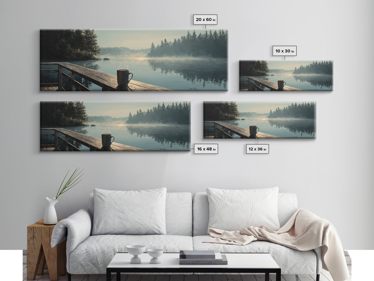 Calm Morning Lake View With Pier And Rising Mist Landscape Painting Wall Art Canvas Print Large Decor For Rustic Home And Cabin