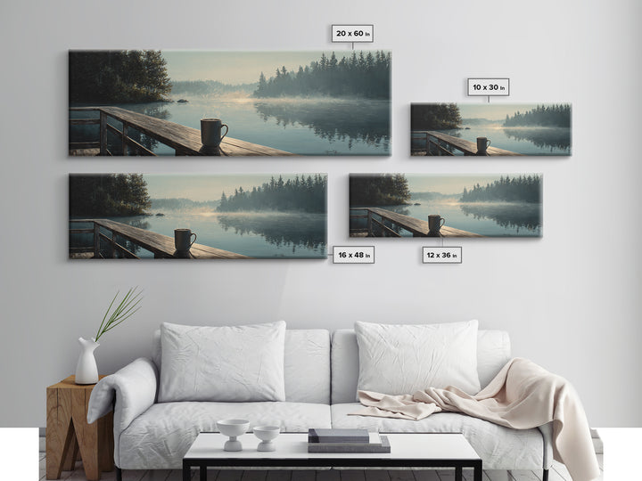 Calm Morning Lake View With Pier And Rising Mist Landscape Painting Wall Art Canvas Print Large Decor For Rustic Home And Cabin