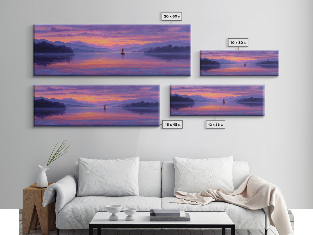 Serene Sunset Lake Landscape With Sailboat And Purple Mountains Painting Wall Art Framed Canvas Print For Tranquil Living Room Decor And Nature Lovers