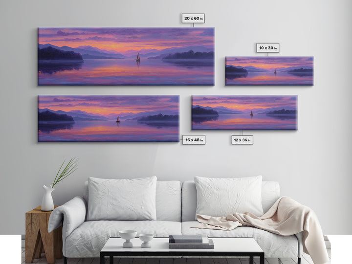 Serene Sunset Lake Landscape With Sailboat And Purple Mountains Painting Wall Art Framed Canvas Print For Tranquil Living Room Decor And Nature Lovers