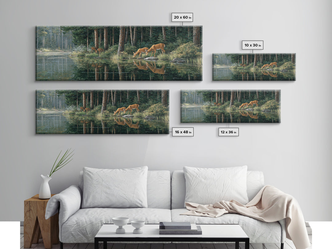 Peaceful Forest Scene With Deer Drinking By The Stream Reflective Nature Wall Art For Living Room Decor Framed Canvas Print