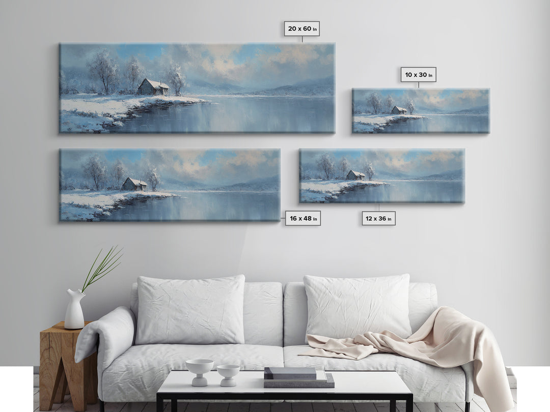 Peaceful Winter Lake Landscape With Snow Covered Cabin Painting Canvas Print Large Wall Art For Cozy Home Decor