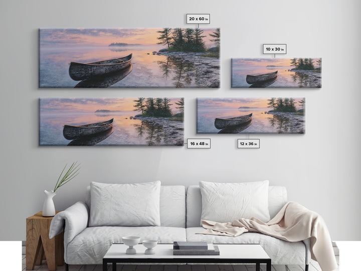 Peaceful Canoe At Sunrise On Misty Lake Landscape Wall Art Framed Canvas Print For Bedroom Or Living Room Decor