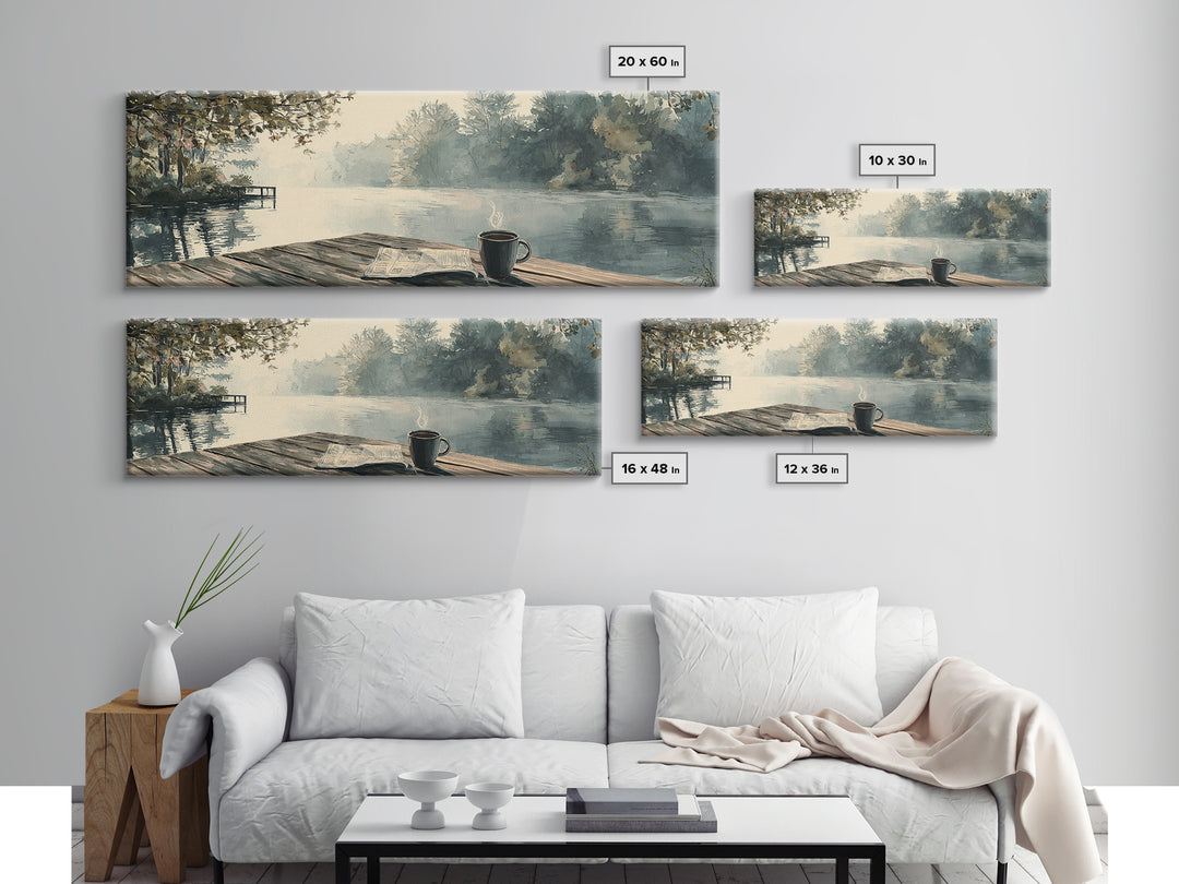 Misty Lakeside Dock Coffee Morning Wall Art, Horizontal Landscape Canvas, Cozy Cabin Decor, Lake House Living Room Print