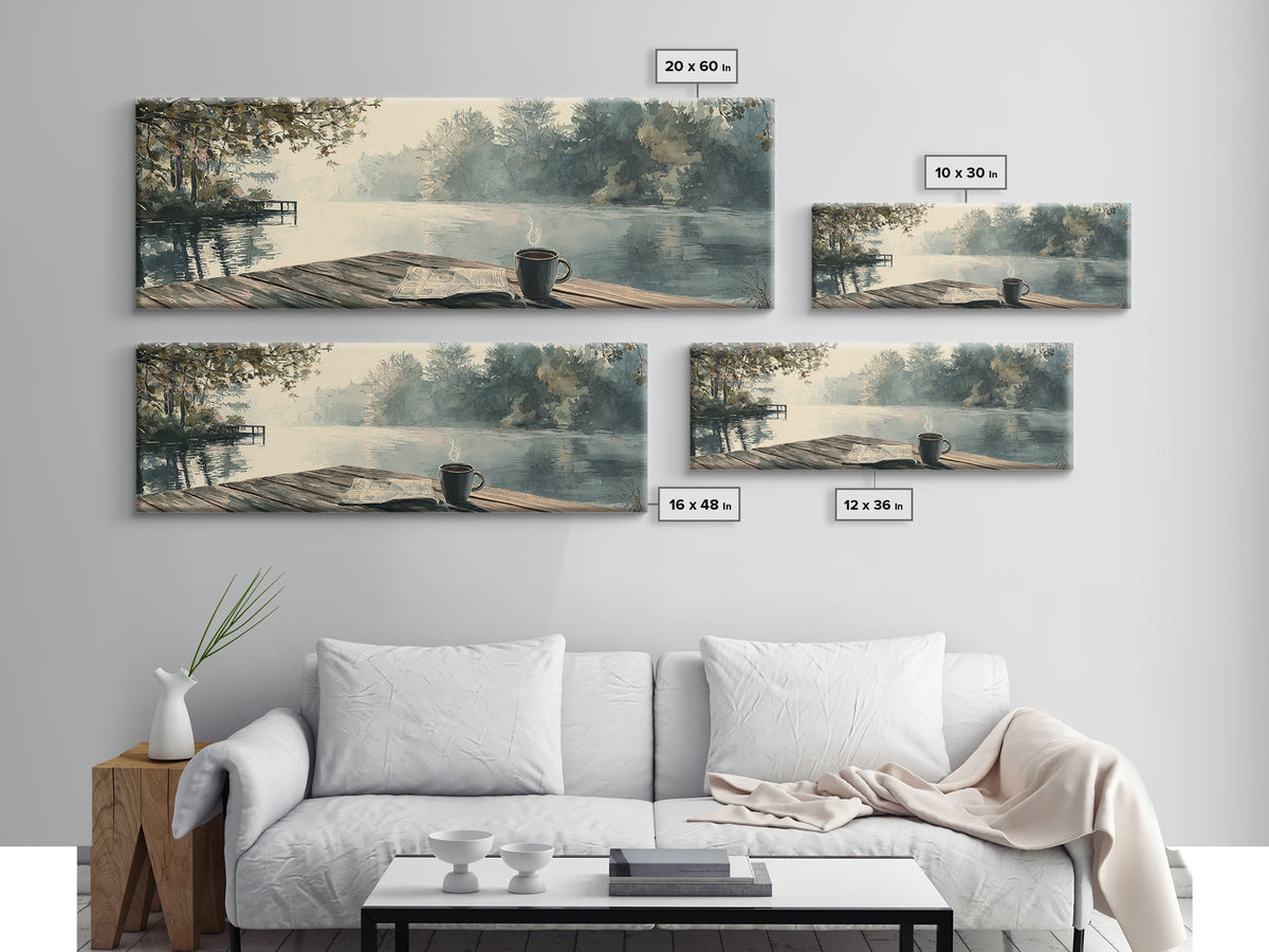 Misty Lakeside Dock Coffee Morning Wall Art, Horizontal Landscape Canvas, Cozy Cabin Decor, Lake House Living Room Print