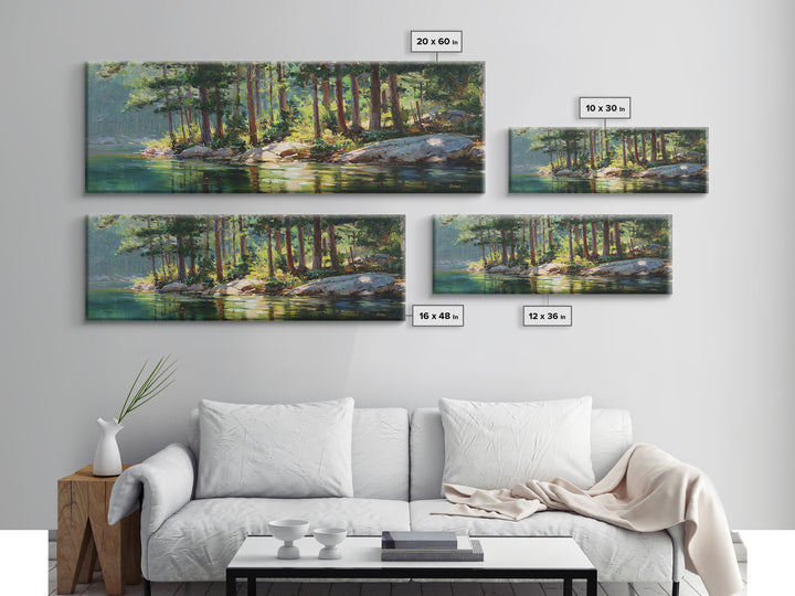 Sunlit Pine Lake Shore Wall Art, Forest Landscape Canvas Print, Nature Wall Decor, Cabin Decor, Large Horizontal Art, Living Room Decor