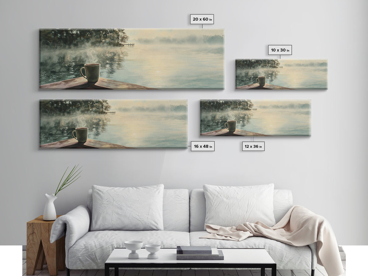 Misty Lake Coffee On Dock Wall Art, Peaceful Morning Landscape Canvas Print, Cozy Kitchen Decor, Calm Nature Wall Decor Art