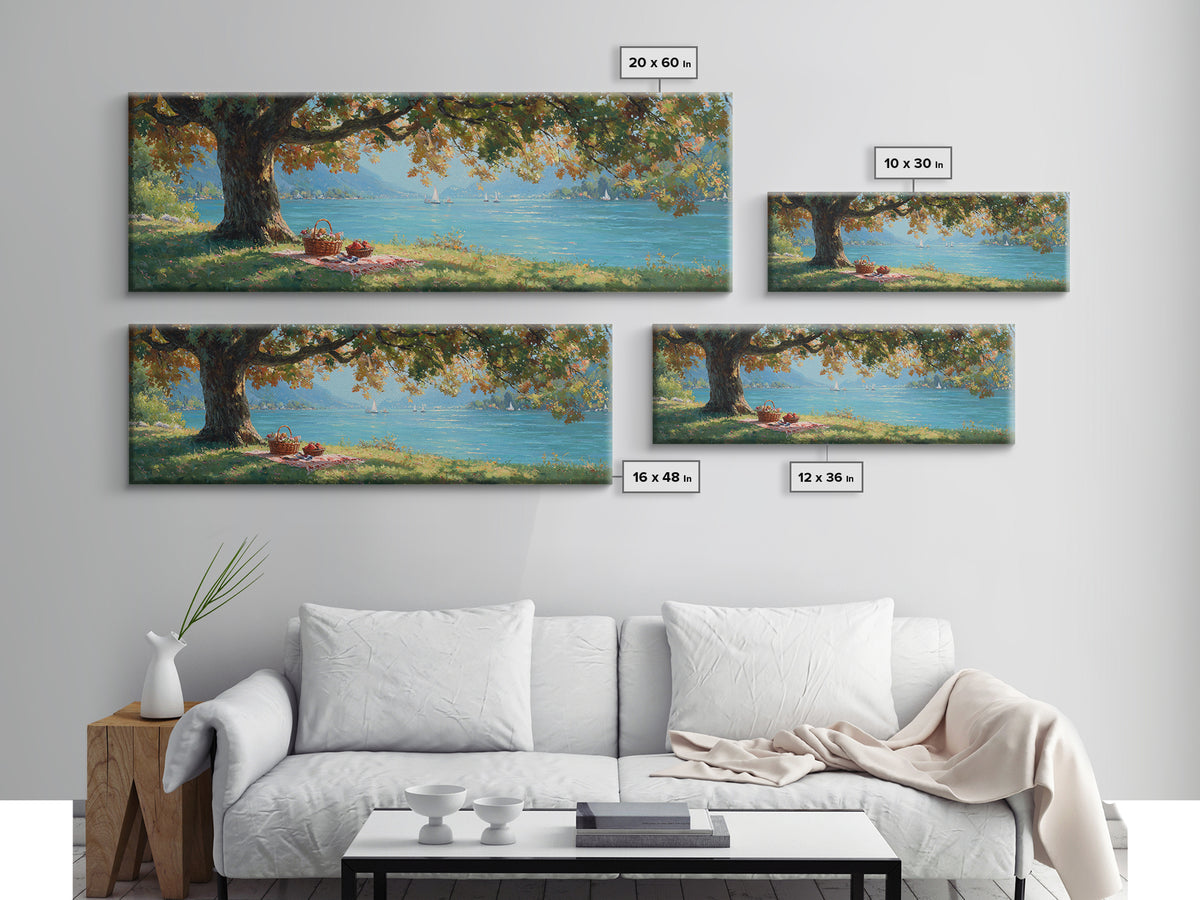 Lakeside Picnic Under Autumn Oak Canvas Print, Coastal Landscape Wall Art, Serene Nature Decor, Living Room Art, Housewarming Gift