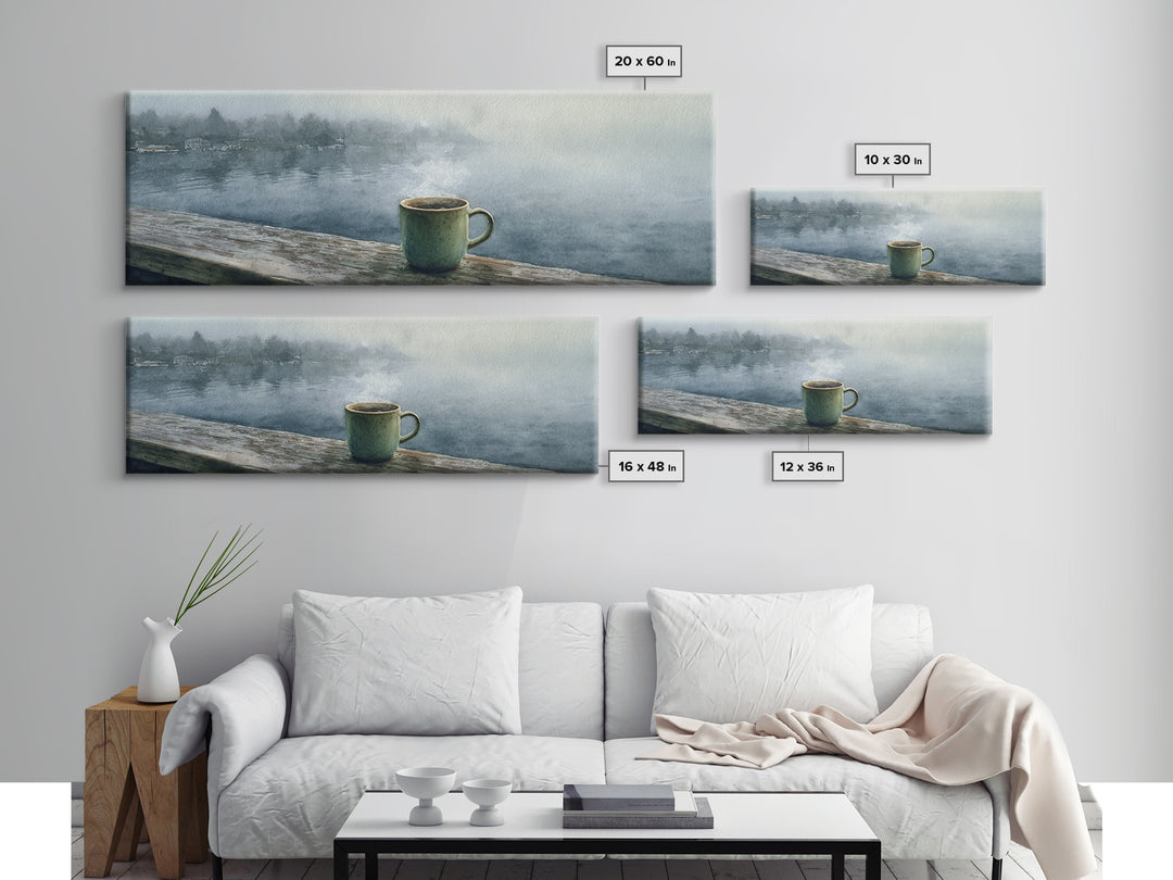 Steaming Coffee Mug On Misty Lake Wall Art, Cozy Cabin Decor, Coffee Bar Print, Rustic Kitchen Art, Serene Morning Landscape