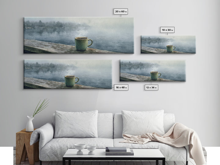 Steaming Coffee Mug On Misty Lake Wall Art, Cozy Cabin Decor, Coffee Bar Print, Rustic Kitchen Art, Serene Morning Landscape