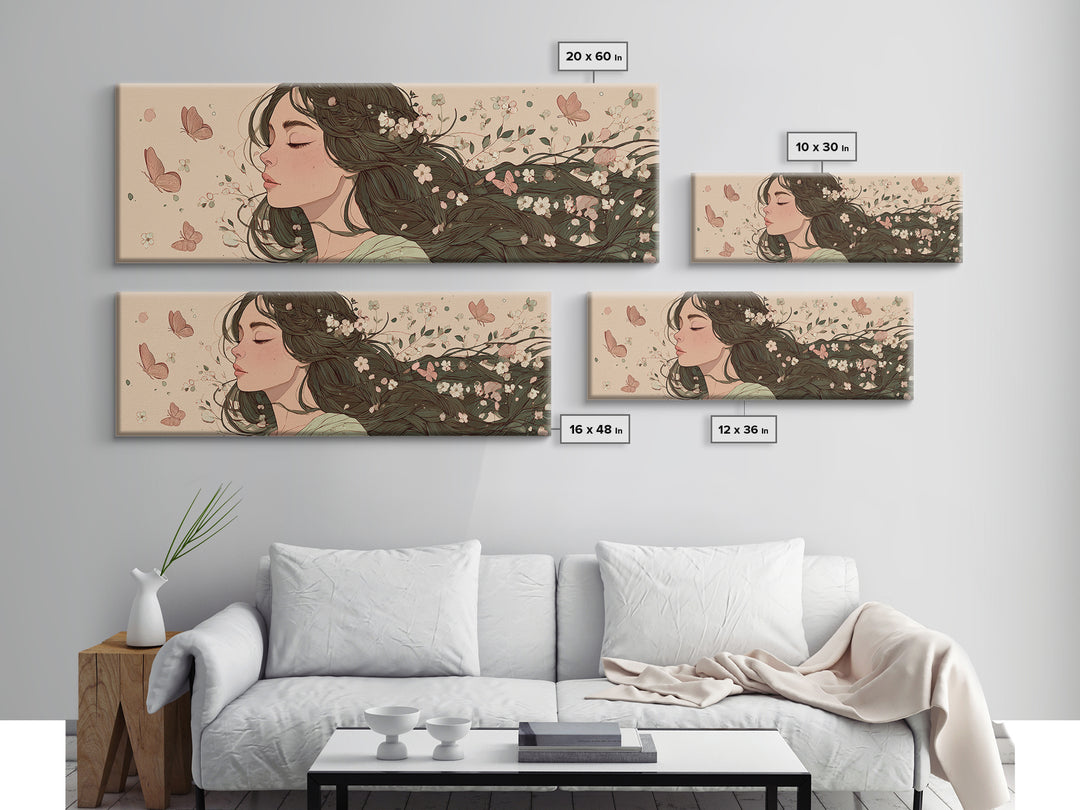 Dreamy Woman With Flowing Hair And Blossoms Canvas Print, Feminine Wall Art, Whimsical Botanical Bedroom Decor Gift For Her
