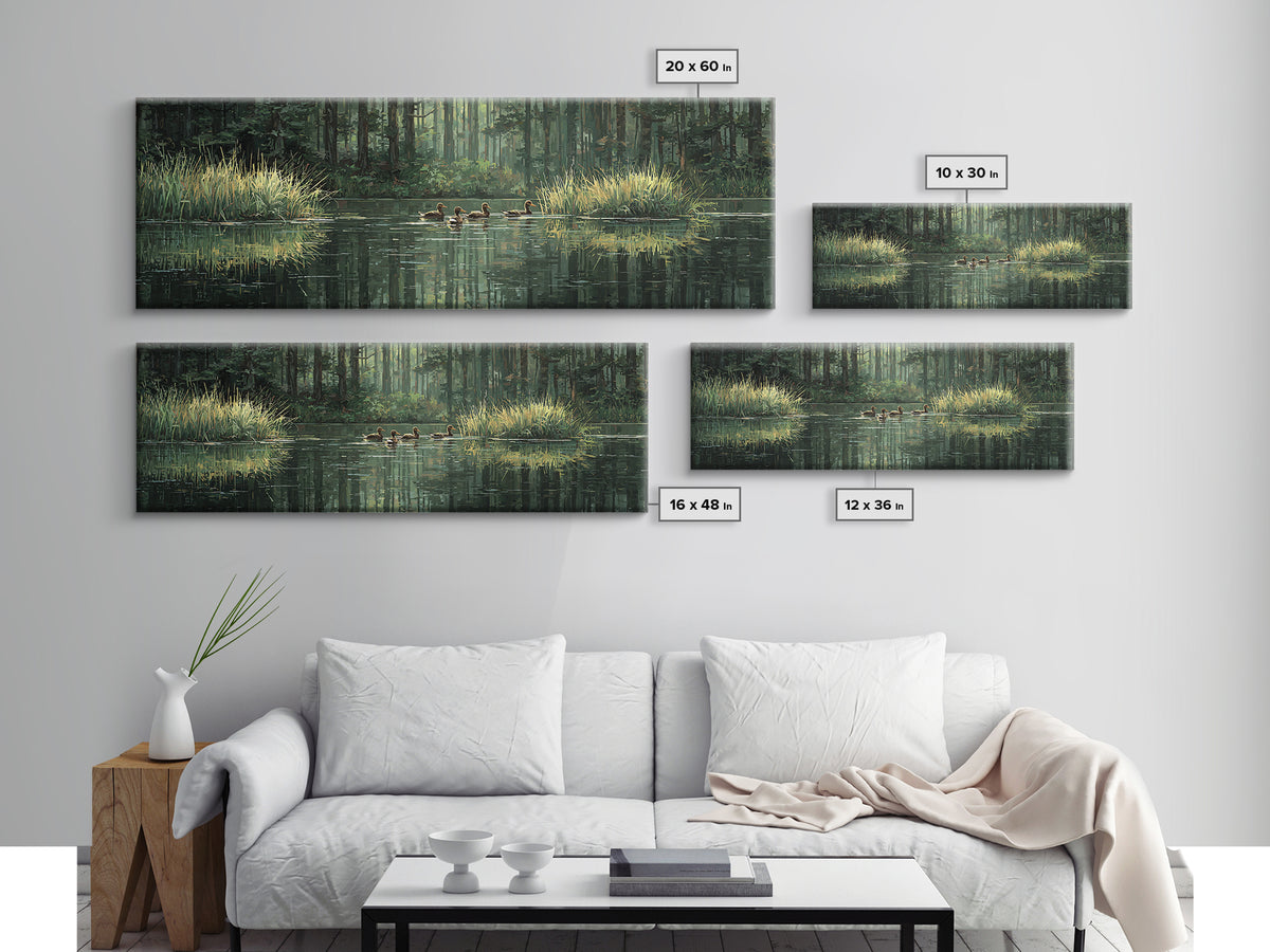 Quiet Forest Pond With Ducks Framed Canvas Print, Nature Wall Art, Rustic Cabin Decor, Green Landscape For Living Room Decor