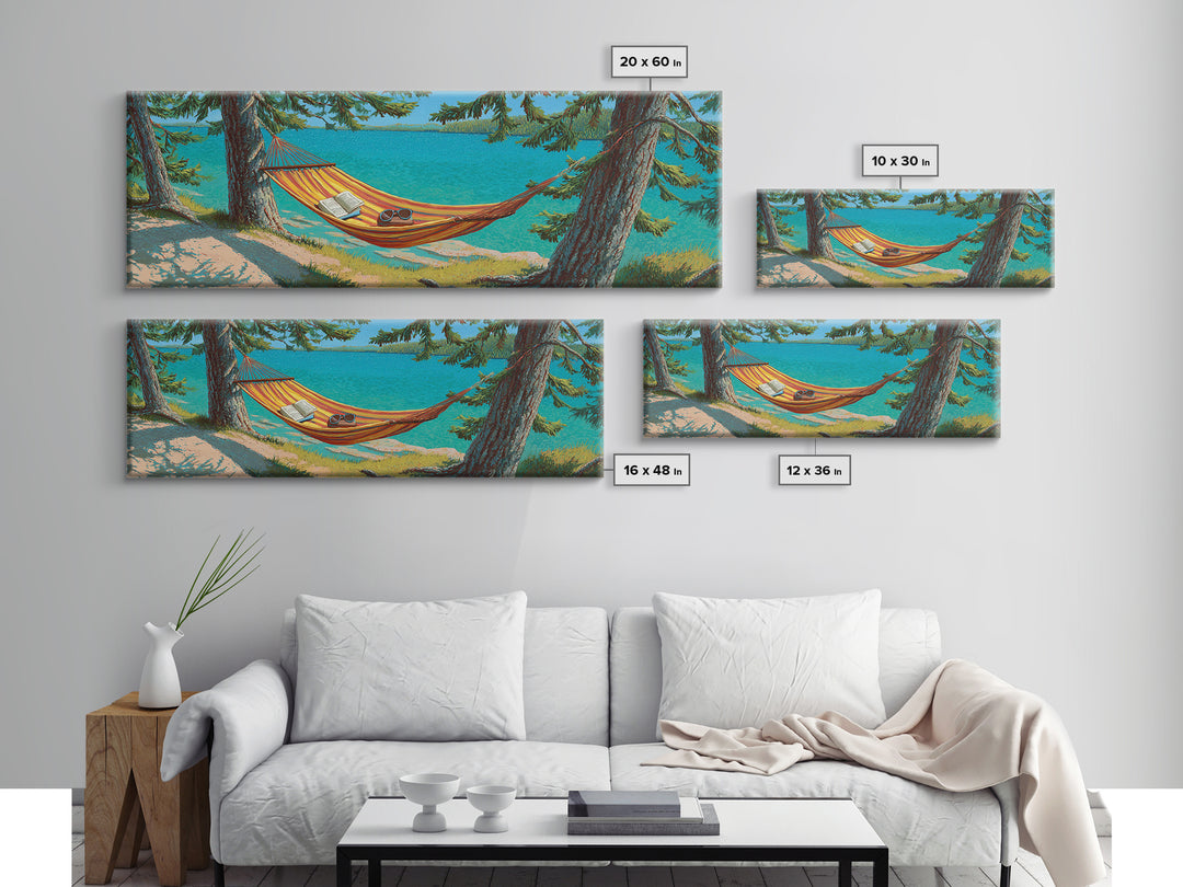Lakeside Hammock Between Pine Trees Canvas Print, Relaxing Cabin Wall Art, Lake House Decor, Rustic Nature Gift For Living Room Wall Decor